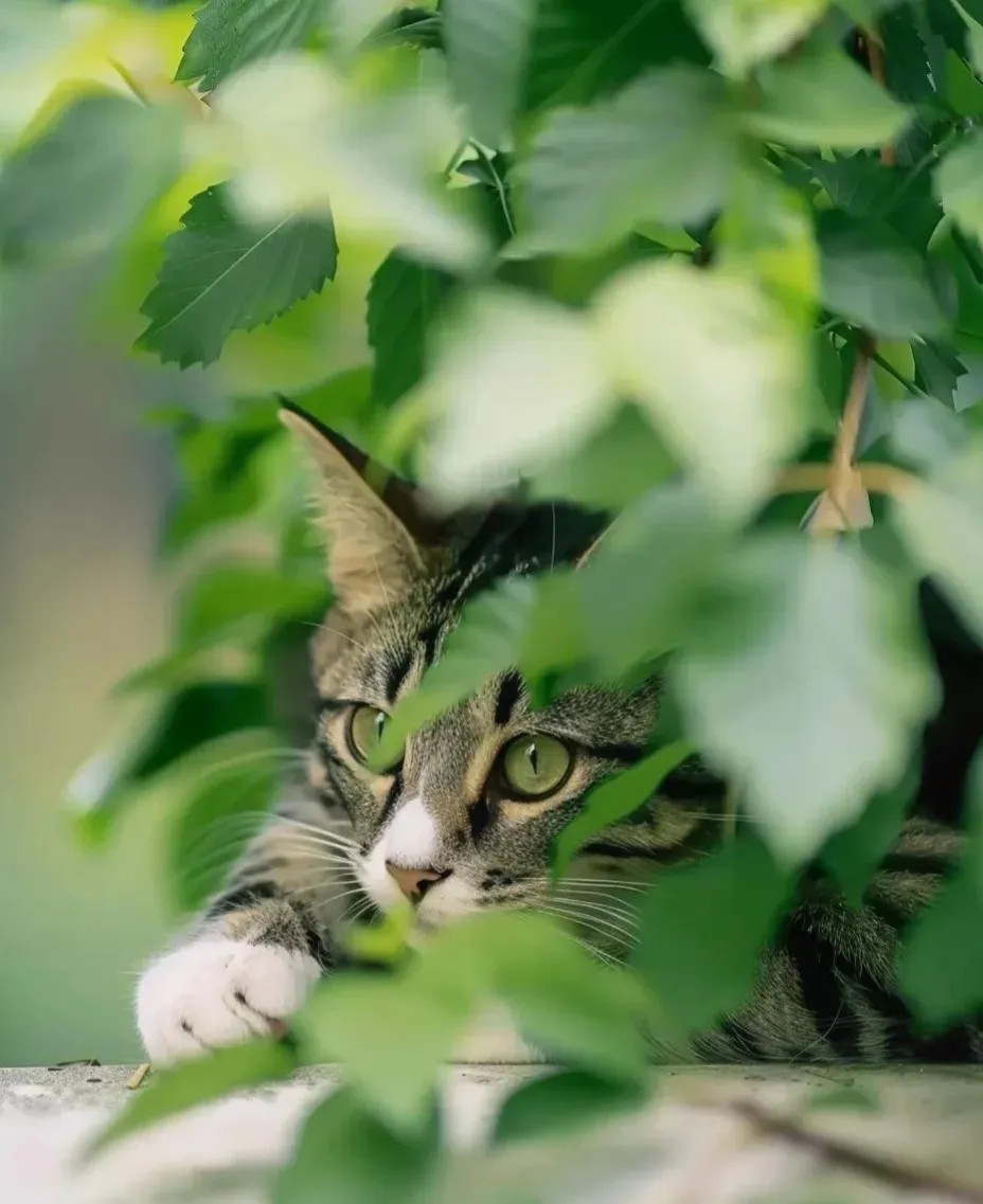 静影林间猫，条纹若古松。眸光映清辉，独坐绿荫中。