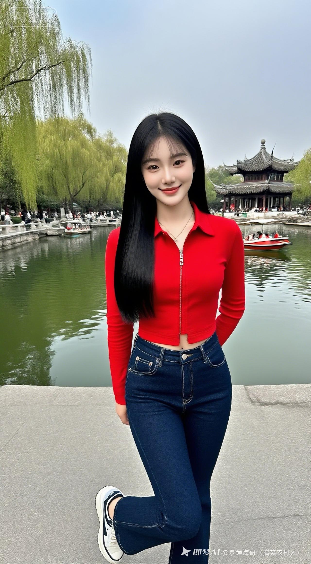 年轻女子留柔顺黑直发，柔和鹅蛋脸五官精致，肌肤细腻有光泽。着红翻领中款外套，S曲