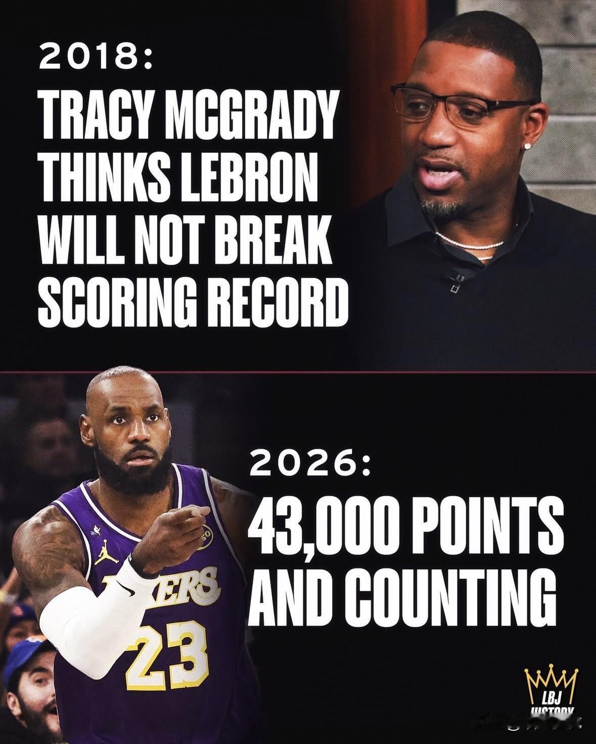 詹姆斯如今的得分纪录会有人打破吗？2018年，麦迪认为詹姆斯不会打破贾巴尔的