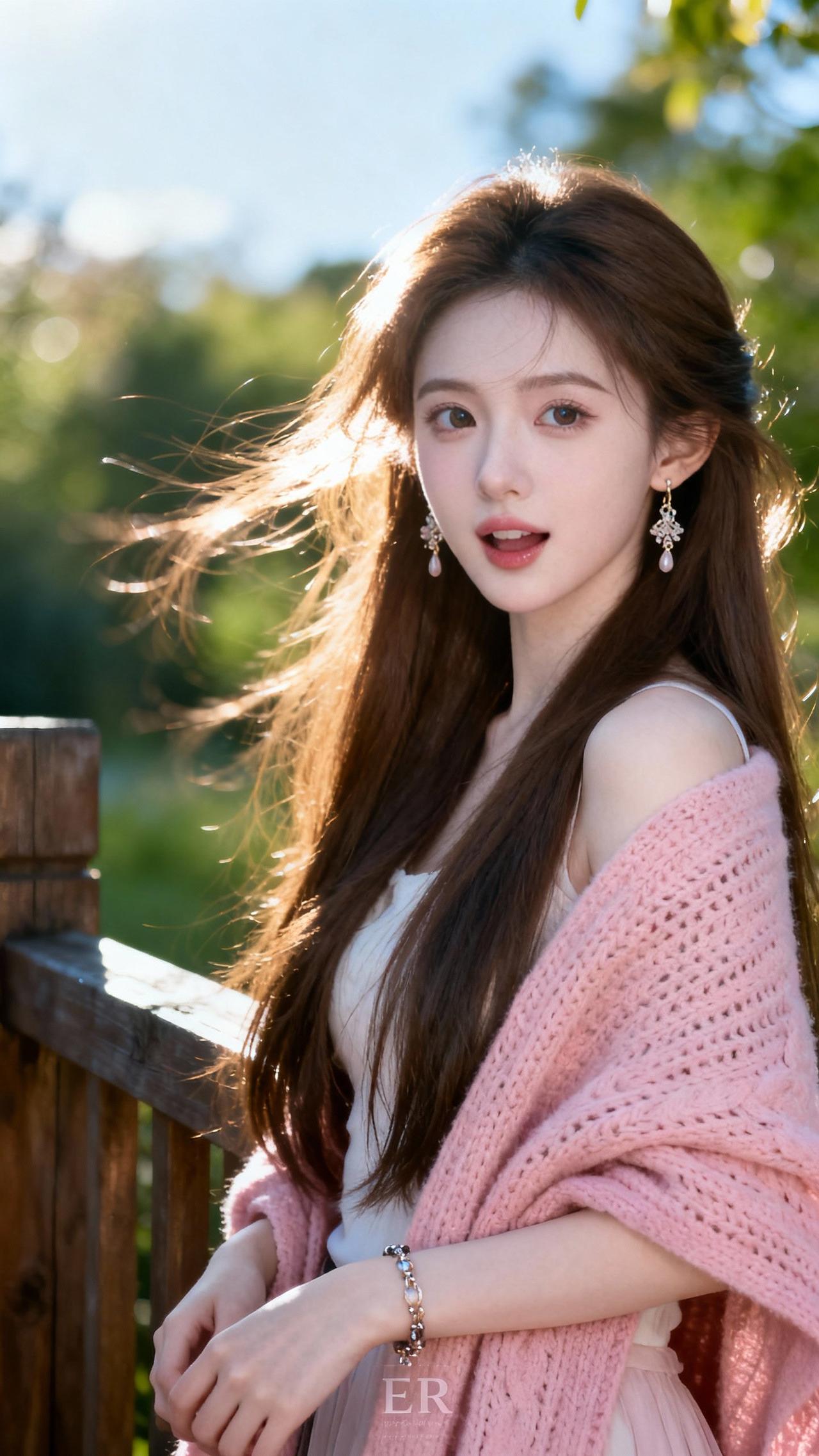 阳光下的少女，粉色的针织衫，温柔的微笑，自然的光线，清新自然的美。