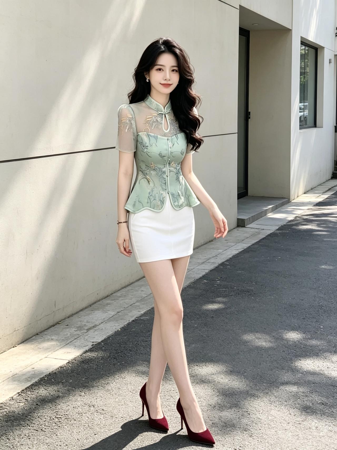绿衣美人步，红鞋映日红。翠色罗随风轻扬，宛若初春新柳拂过堤岸。那绿衣美人款款而