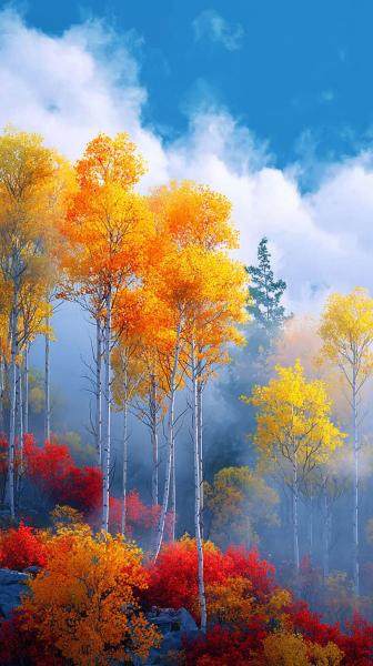 秋色满林间，云雾绕山巅。