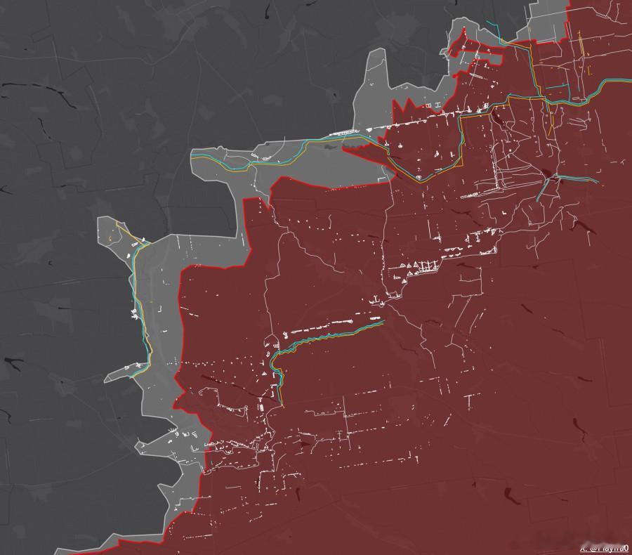 俄乌冲突古利亚伊波列战役期间，被俄军东集群突破的乌军防御区示意图。白色标注的是
