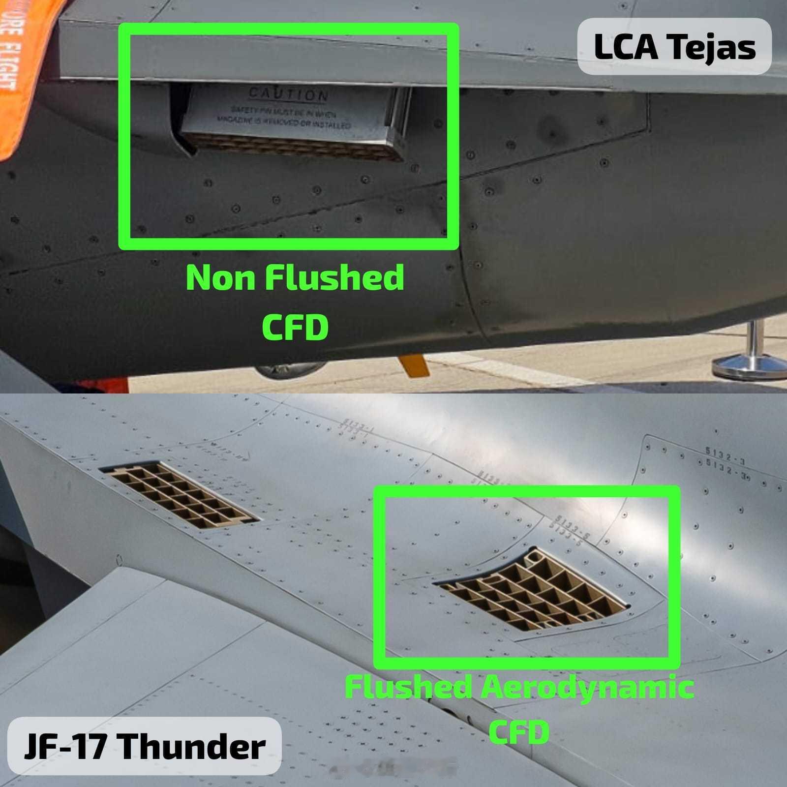 与枭龙的箔条发射器相比，LCA的发射装置粗暴地置于机身外部而未考虑空气阻力