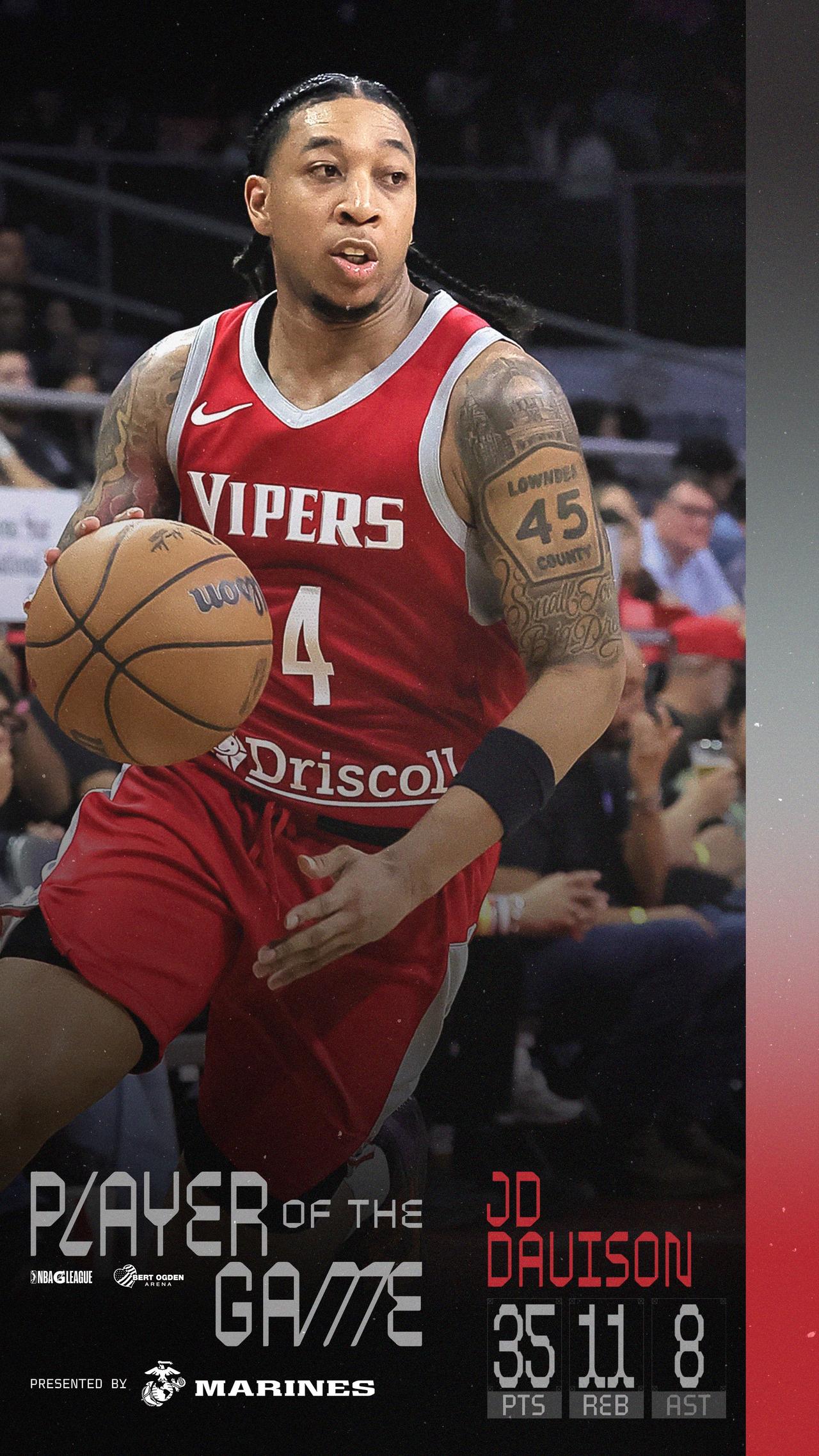 JD-戴维森由于又跌出了球队的轮换阵容，所以被火箭又下放到了毒蛇去打NBA发展联