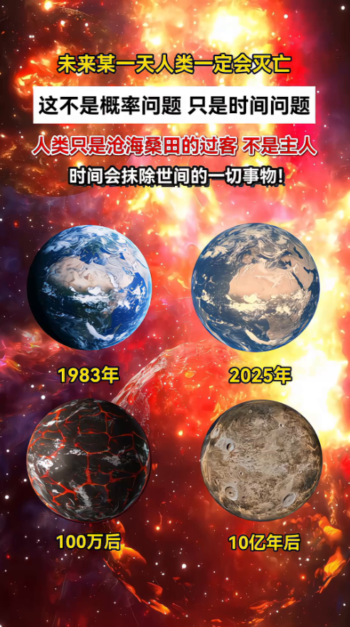 地球未来。未来某一天人类一定会灭亡，这不是概率问题只是时间问题。人类只是沧海桑