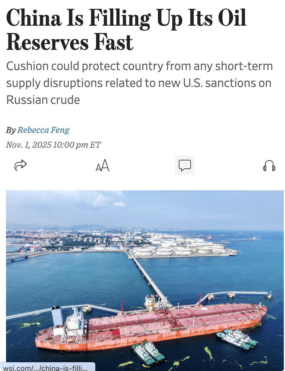 美媒：中国正在快速增加其石油储备。在2025年美国对俄罗斯原油实施新制裁的背景下