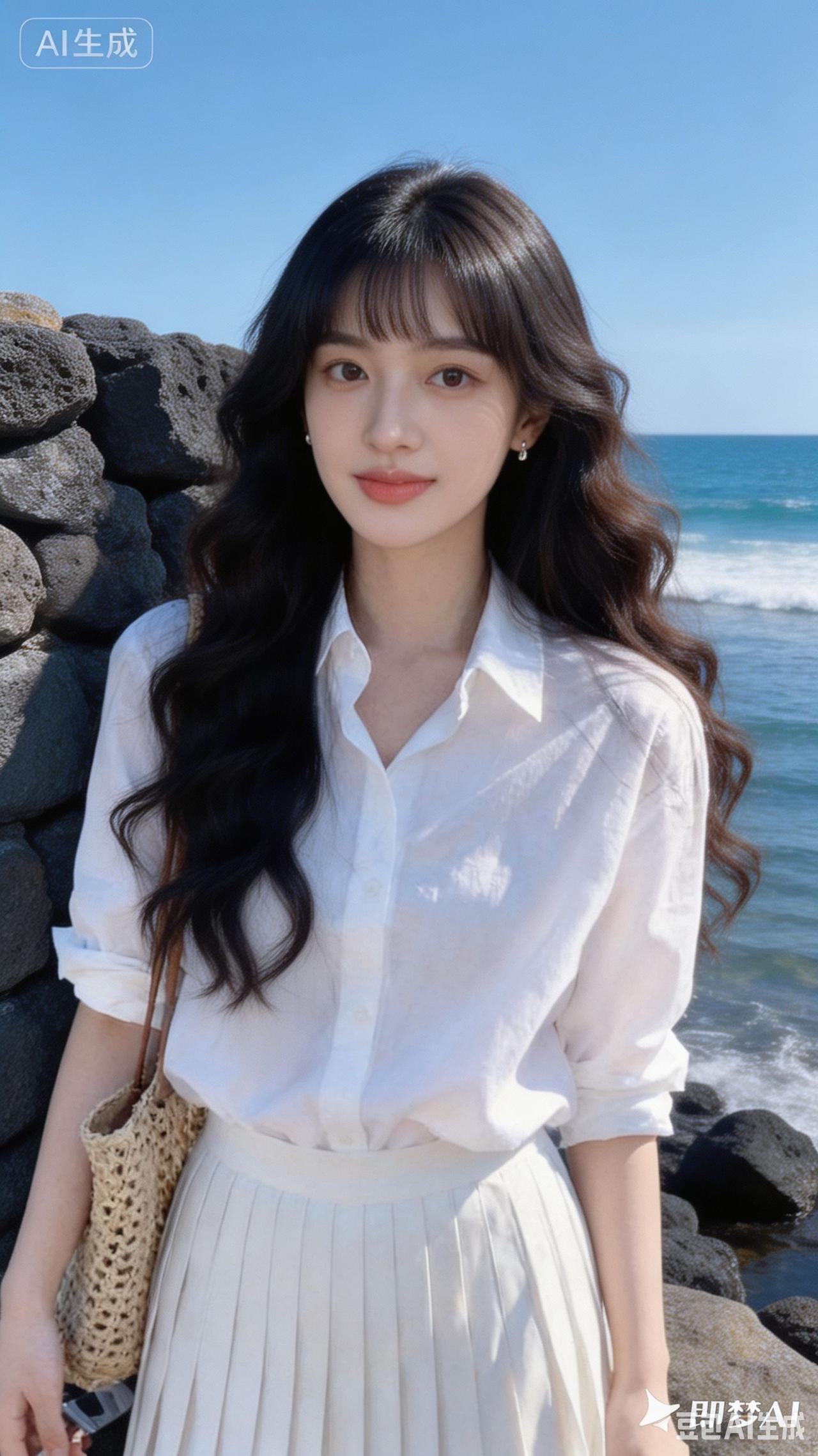 海边美女穿白衬衫，好清爽！