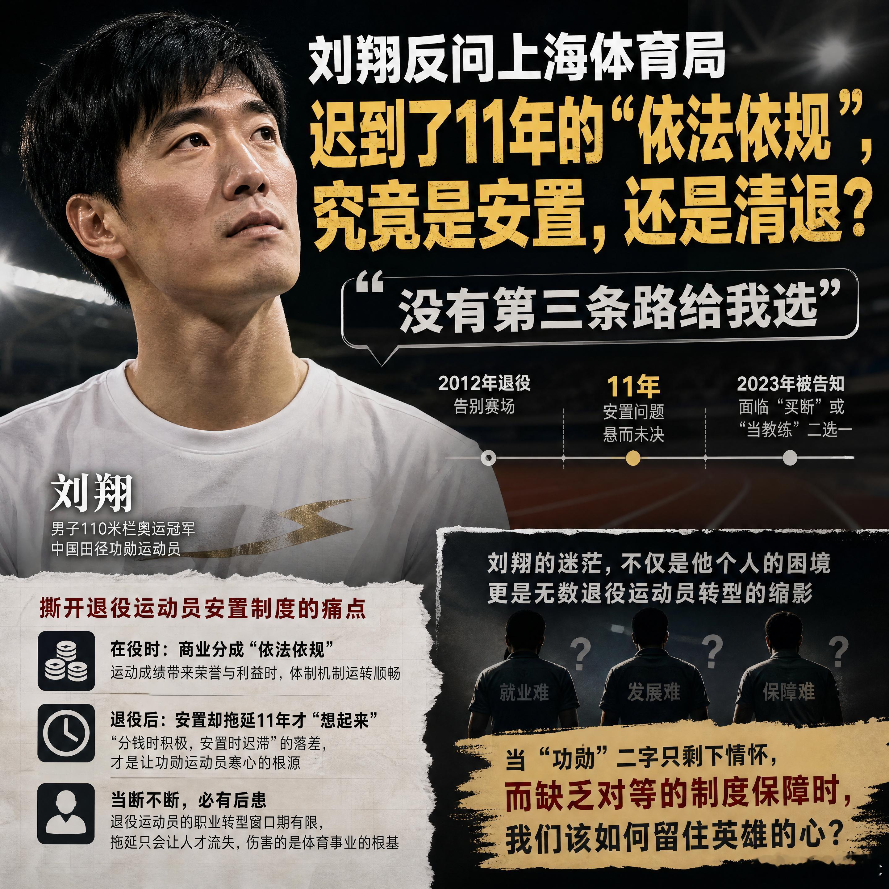 刘翔反问上海体育局迟到了11年的“依法依规”，究竟是安置，还是清退？刘翔深夜的
