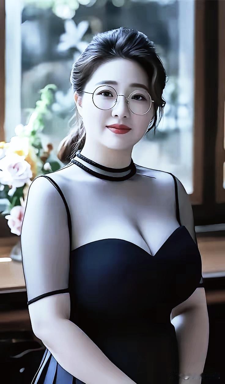 这位女士穿着黑色连衣裙，戴着眼镜，微笑着。