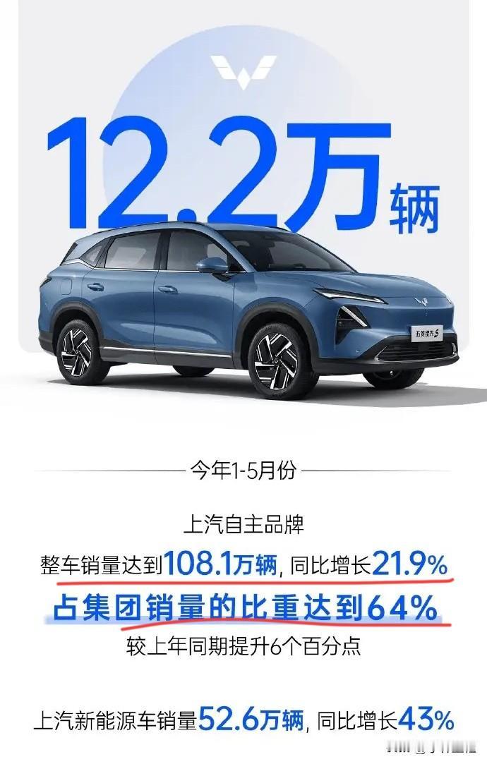上汽：“自主品牌占比64%，我这不就好起来了嘛！”来自上汽集团5月官方销售数据