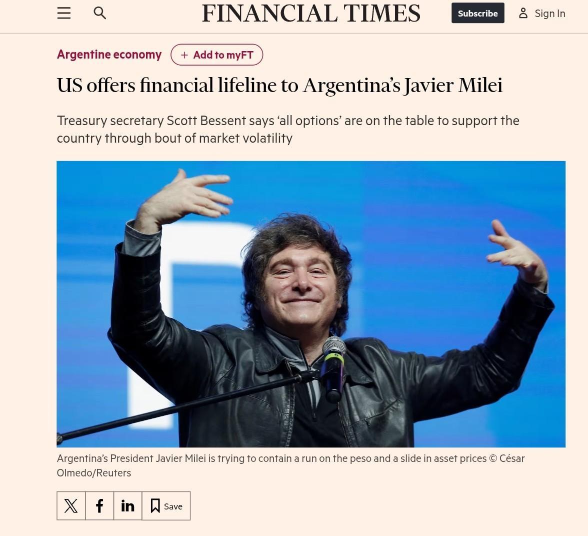 米莱求美国救阿根廷比索的后续——【美国将全力帮助阿根廷渡过最严重的市场动荡期】。