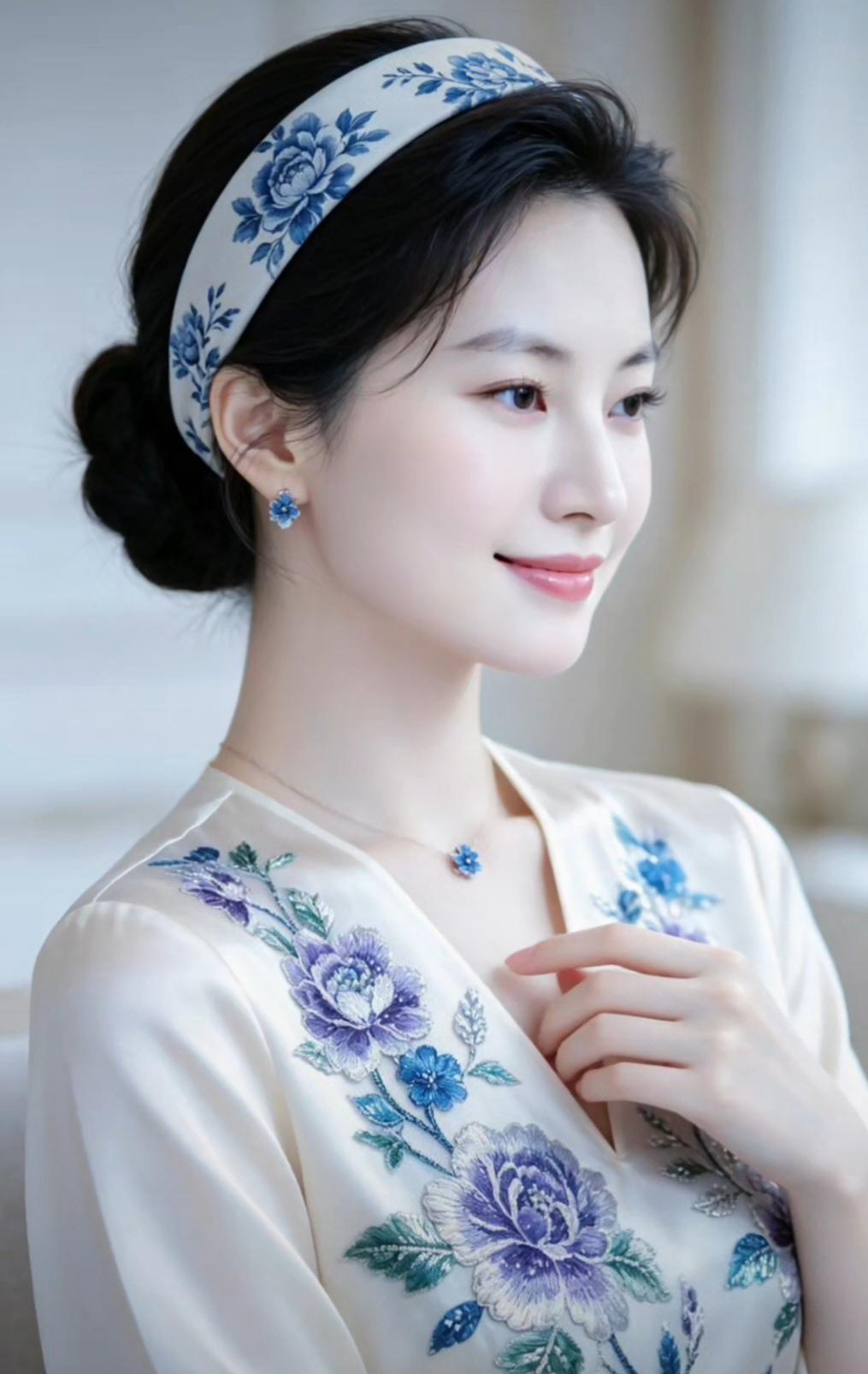 这位美女穿着绣花旗袍，真漂亮！