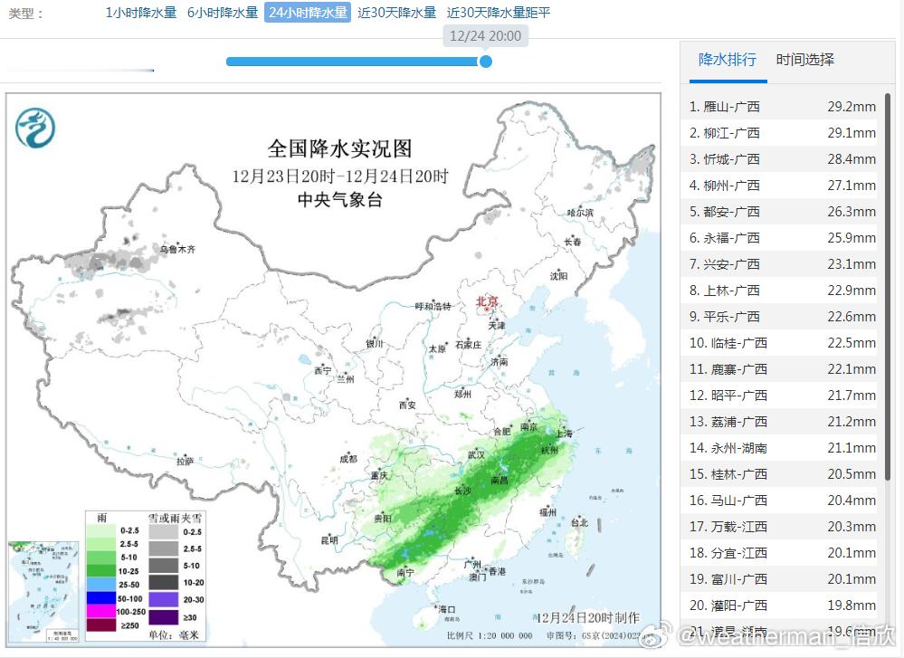 【雨雪】昨晚到今天，东北降雪缩减，广西到浙江一带出现大范围降雨。广西包揽降水榜前