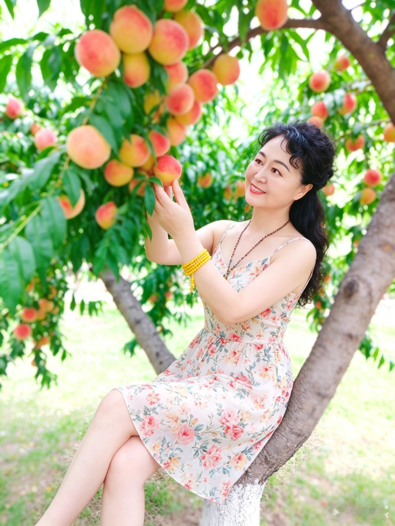 一位女士在果园里摘桃子。农家果园桃子田园采摘姑娘享田园风光公园摘水果