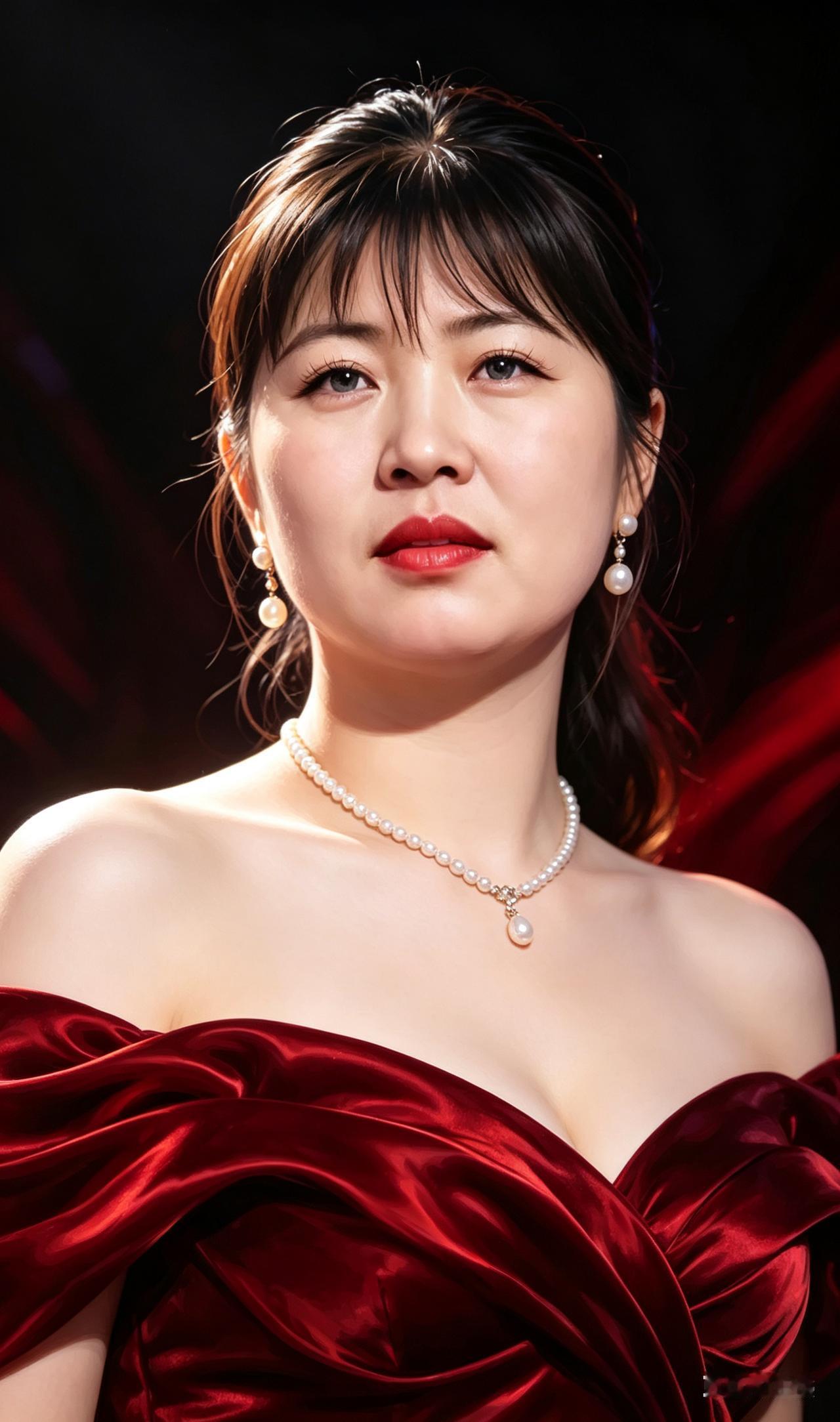 红裙佳人立眼前，肤白颜美绽欢颜。珍珠项链身上佩，气质超凡众人怜。速至评论