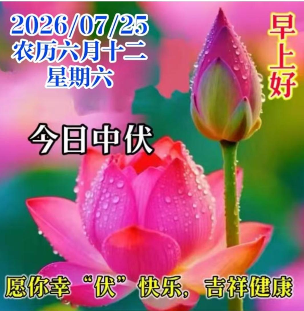 中伏到来问候送，伏天养生很关键；高温不要户外去，避免暴晒防中暑；早睡早起