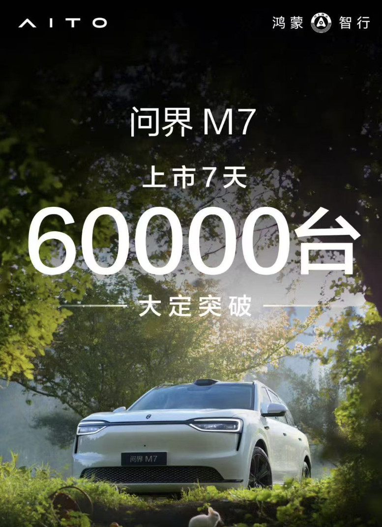 问界M7上市7天大定破60000台问界M7上市仅7天，大定订单便突破6