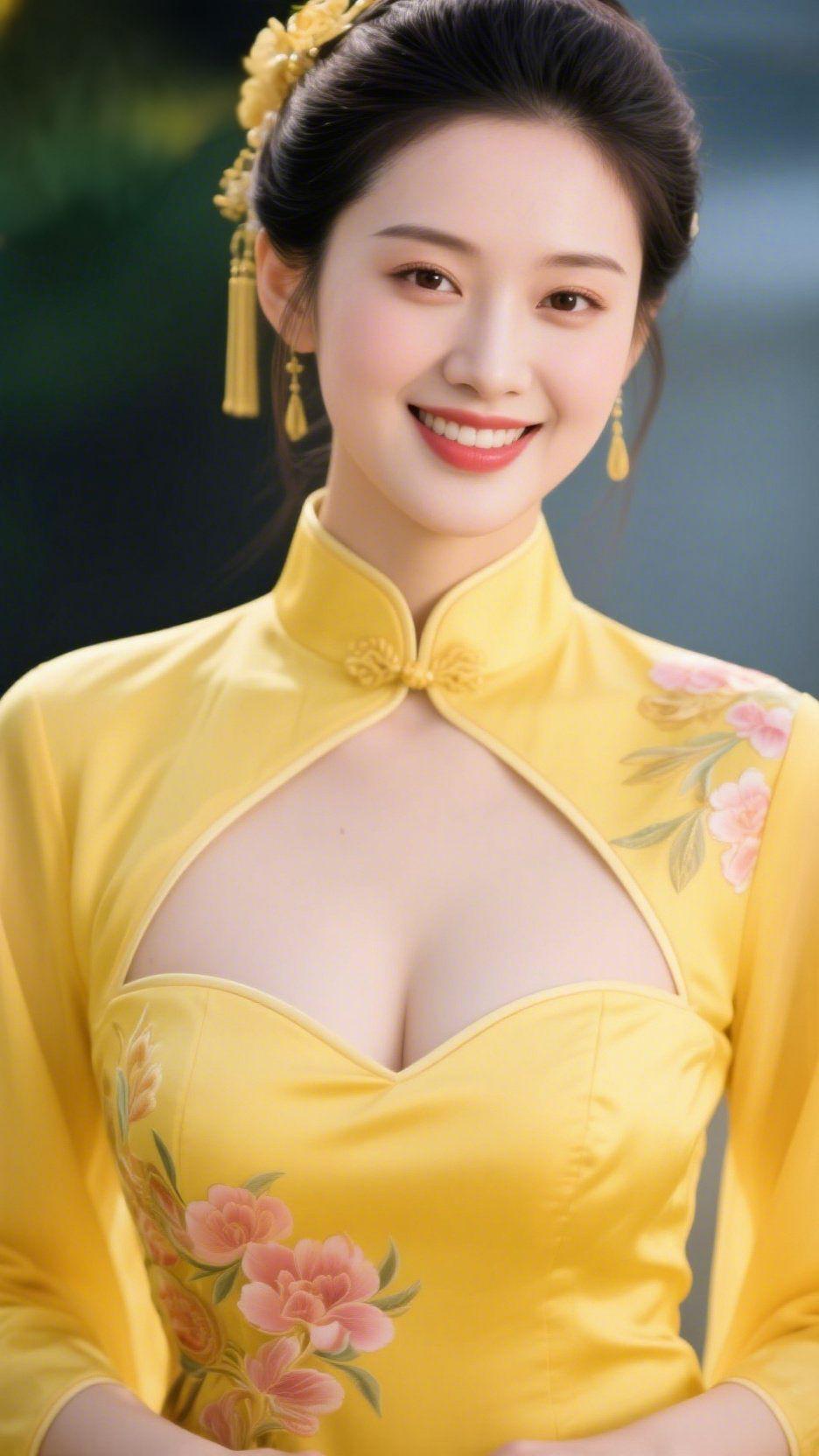 黄衫凝香韵自华鹅黄旗袍裁着东方的温婉，发间金饰流苏轻晃，似将春光揉进了鬓边