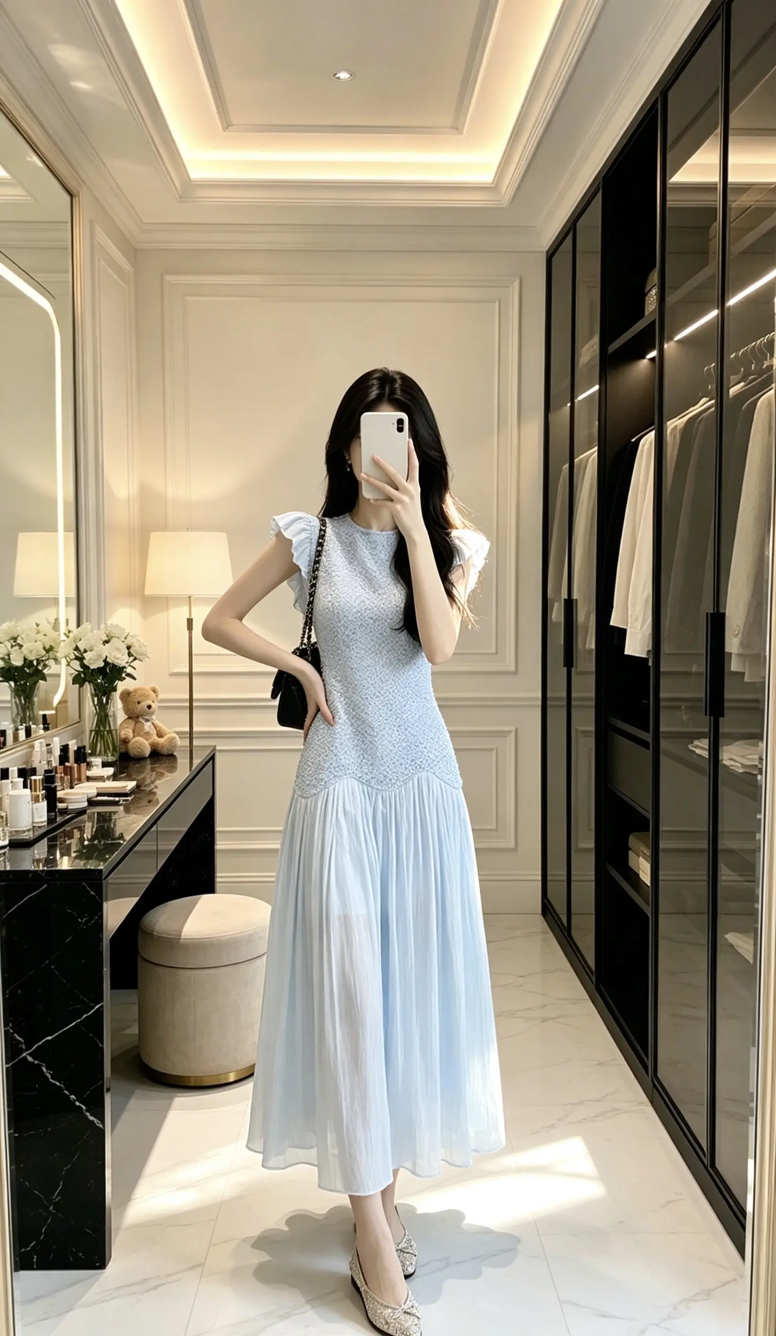 优雅浅蓝色连衣裙 长款连衣裙仙气飘飘 浅蓝色连衣裙魅力 轻奢气质长裙