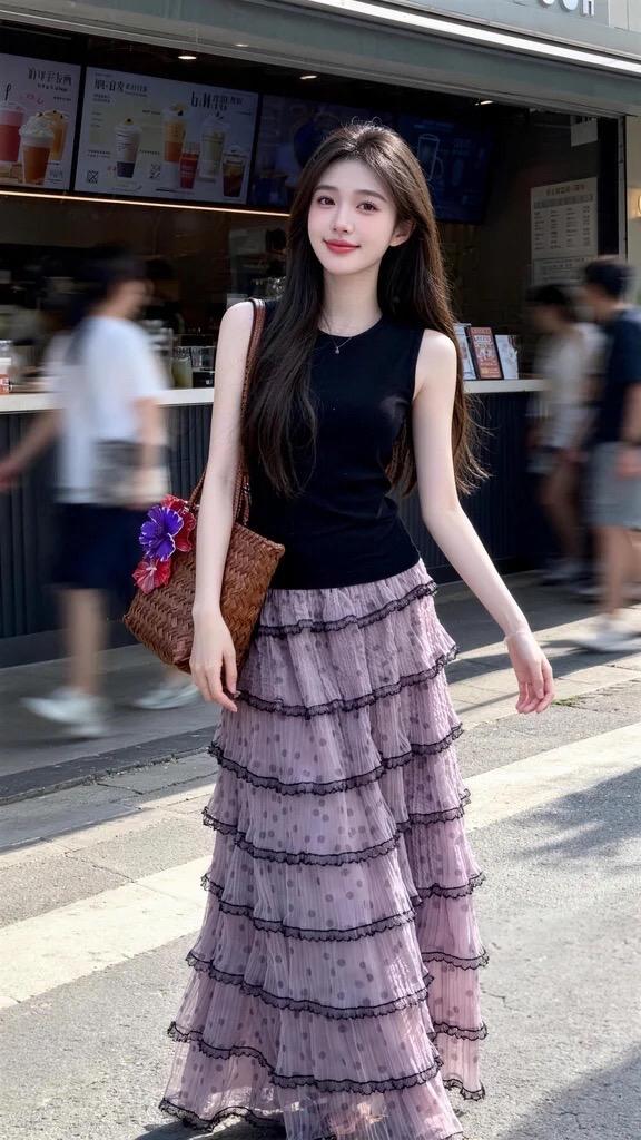 紫色连衣裙ootd街头甜心风紫色长裙氛围感甜美紫色连衣裙街头碎花裙