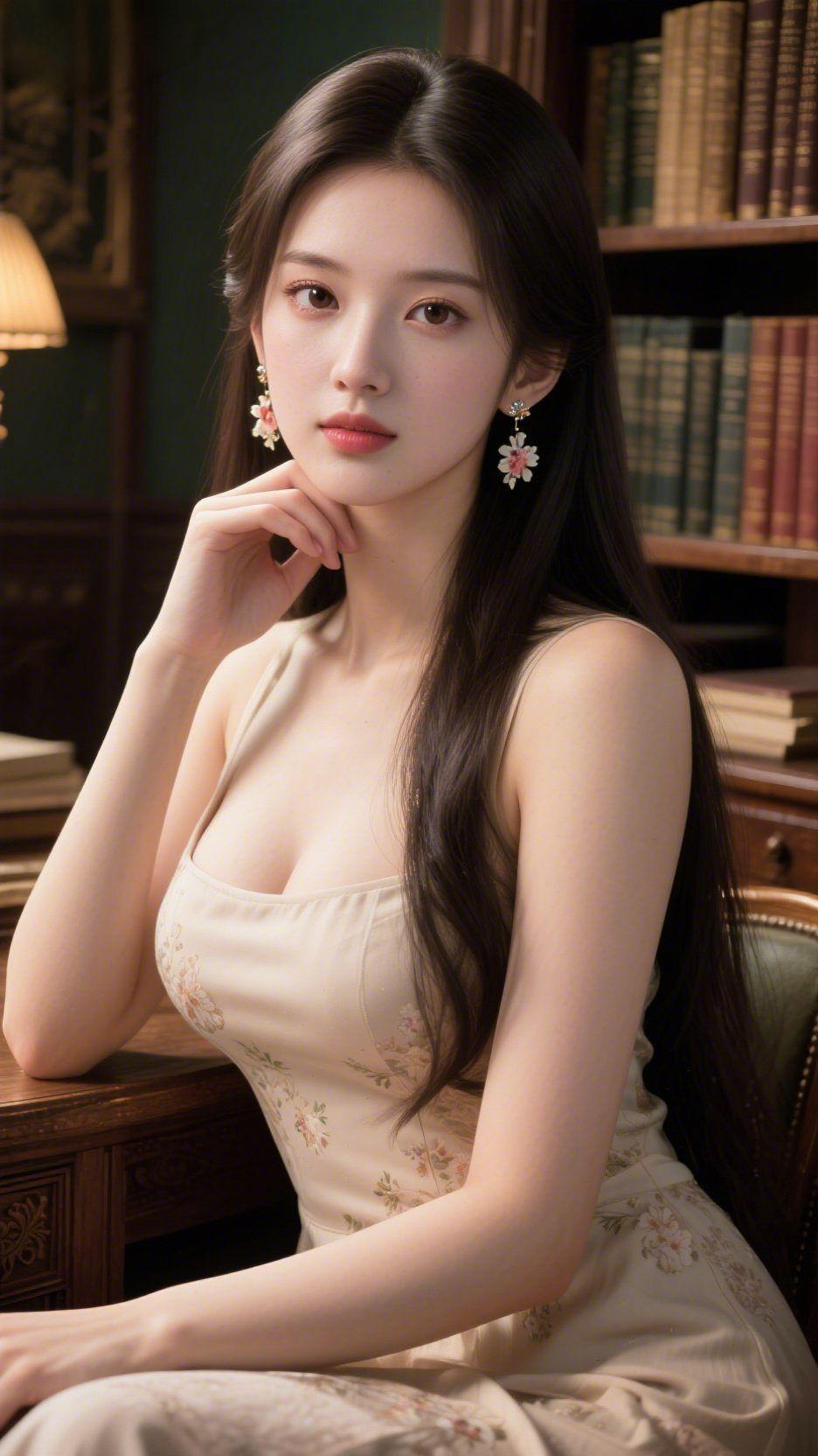 雅室闲坐，花裙温柔暖黄的台灯漫过深绿的墙面，落在浅米色裙身的碎花上，像把春