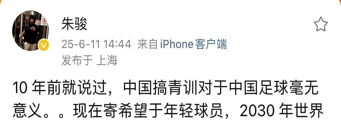 前上海申花投资人朱骏表示10年前他就预测过了，青训对于中国足球一点帮助也没有。