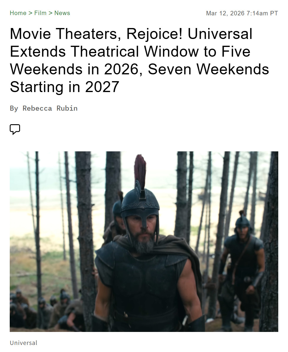 TNABO环球影业宣布改变电影发行策略，废弃近年最短放映17天就上平台的做法，