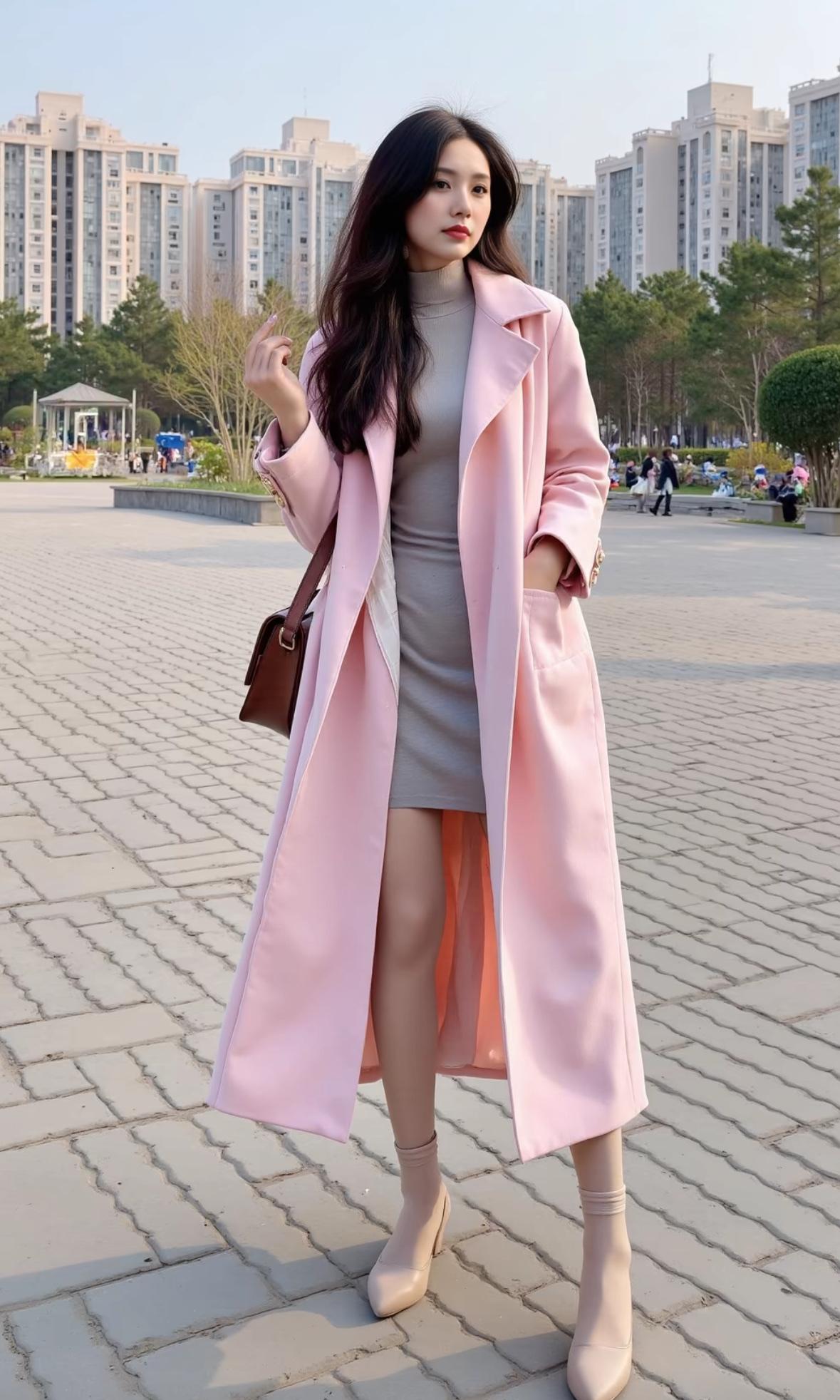 粉嫩外套搭配灰色连衣裙，都市女孩的时尚穿搭！