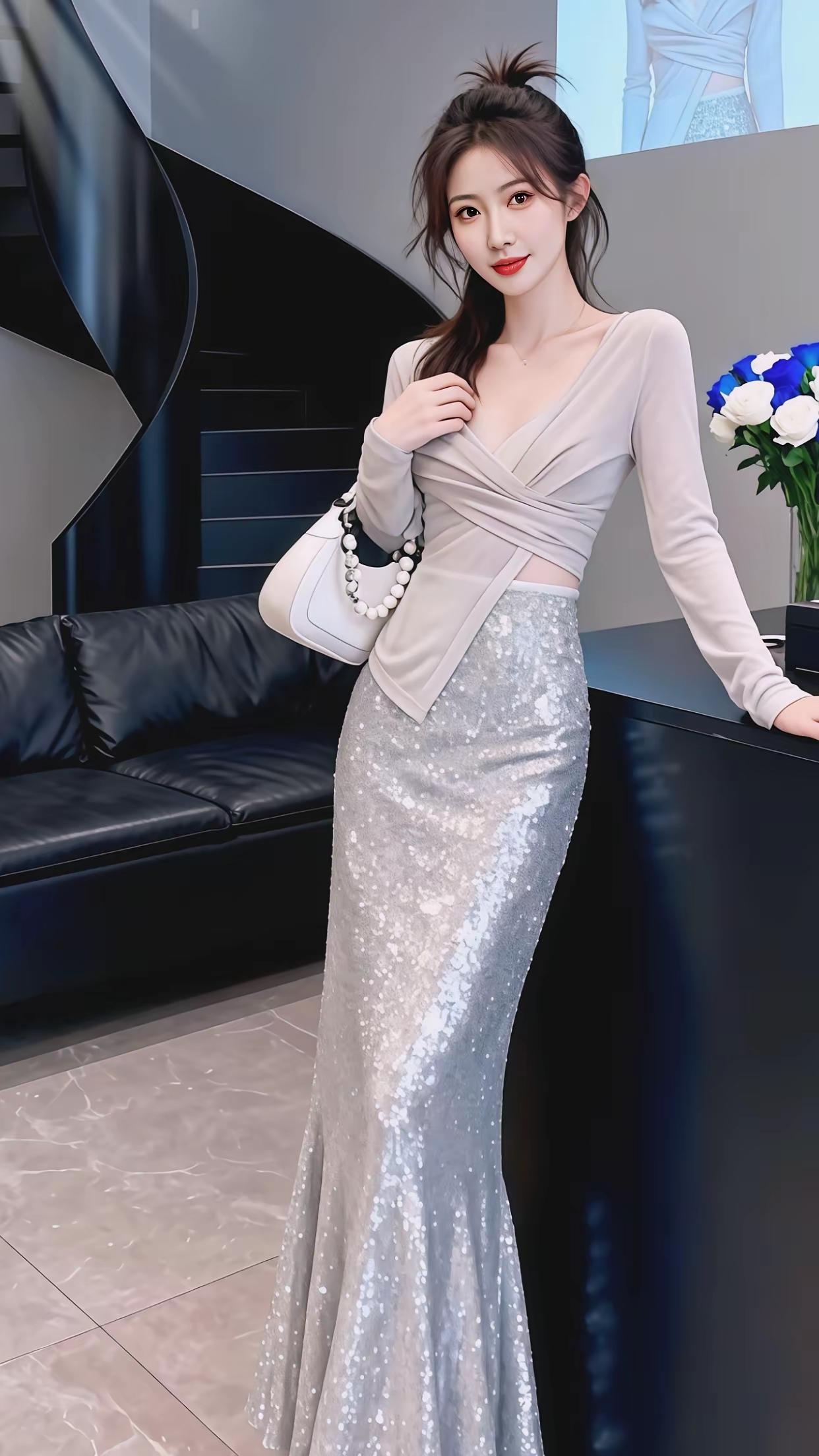 优雅气质穿搭，闪耀的银色长裙搭配米色上衣，尽显时尚魅力！