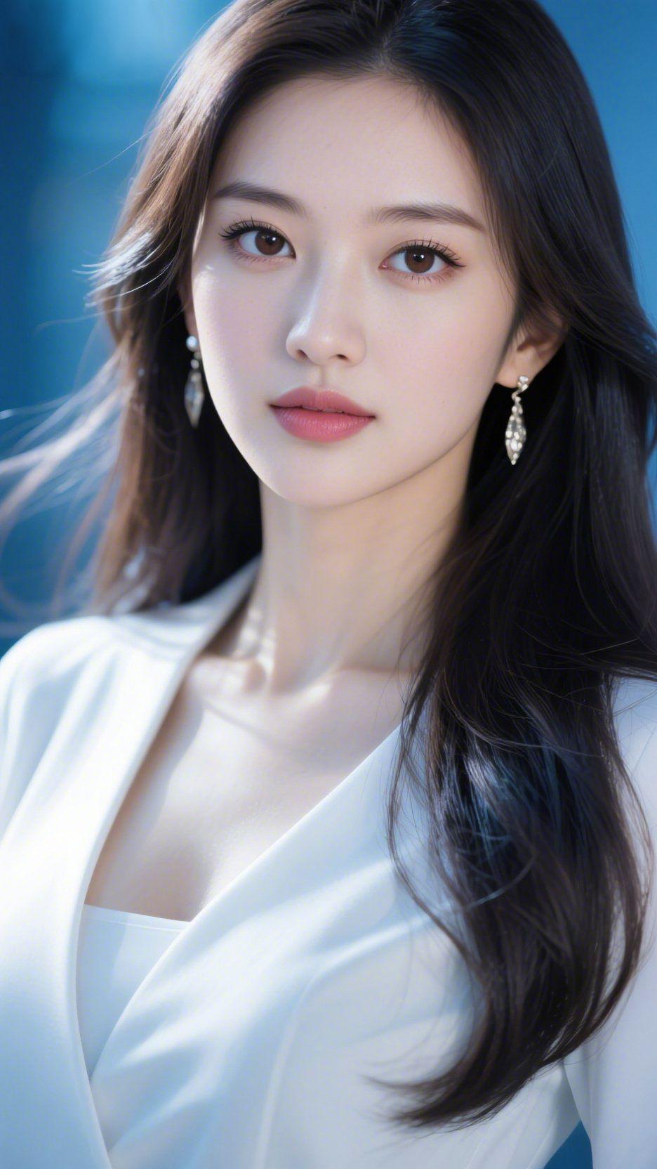 白衫裹着的柔光蓝调背景里，光揉软了她的白衫，成了此刻最妥帖的底色。长