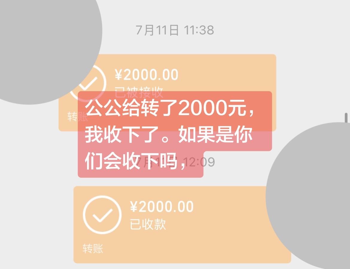 上周，公公来上海，临走的时候转给我2000元。我收下了。晚上跟老公说起这件事