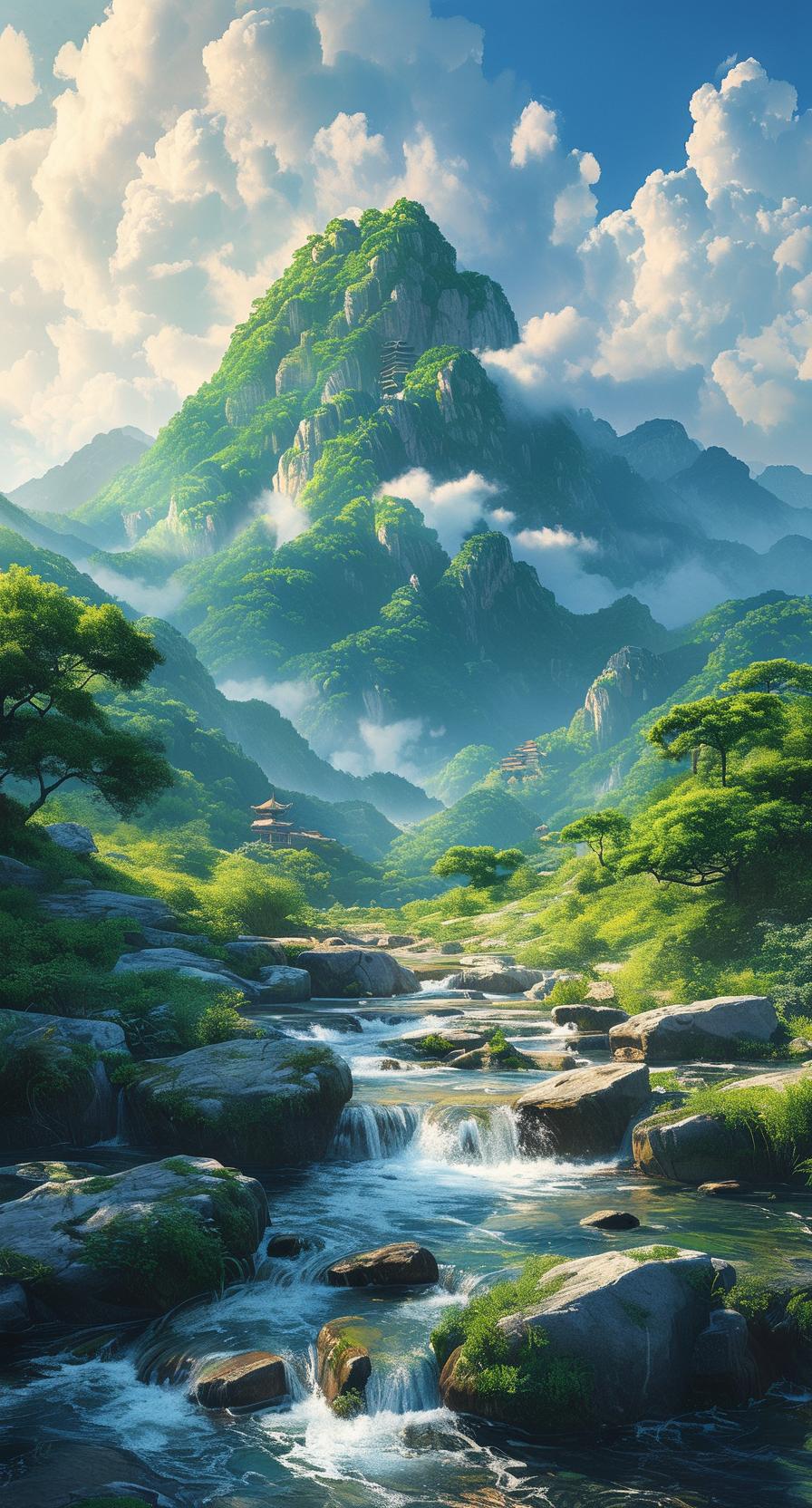 上联：青山依旧，怎么对下联绿水长流。翠绿层叠，山巅祥云缭绕，溪流潺潺绕石而过，远