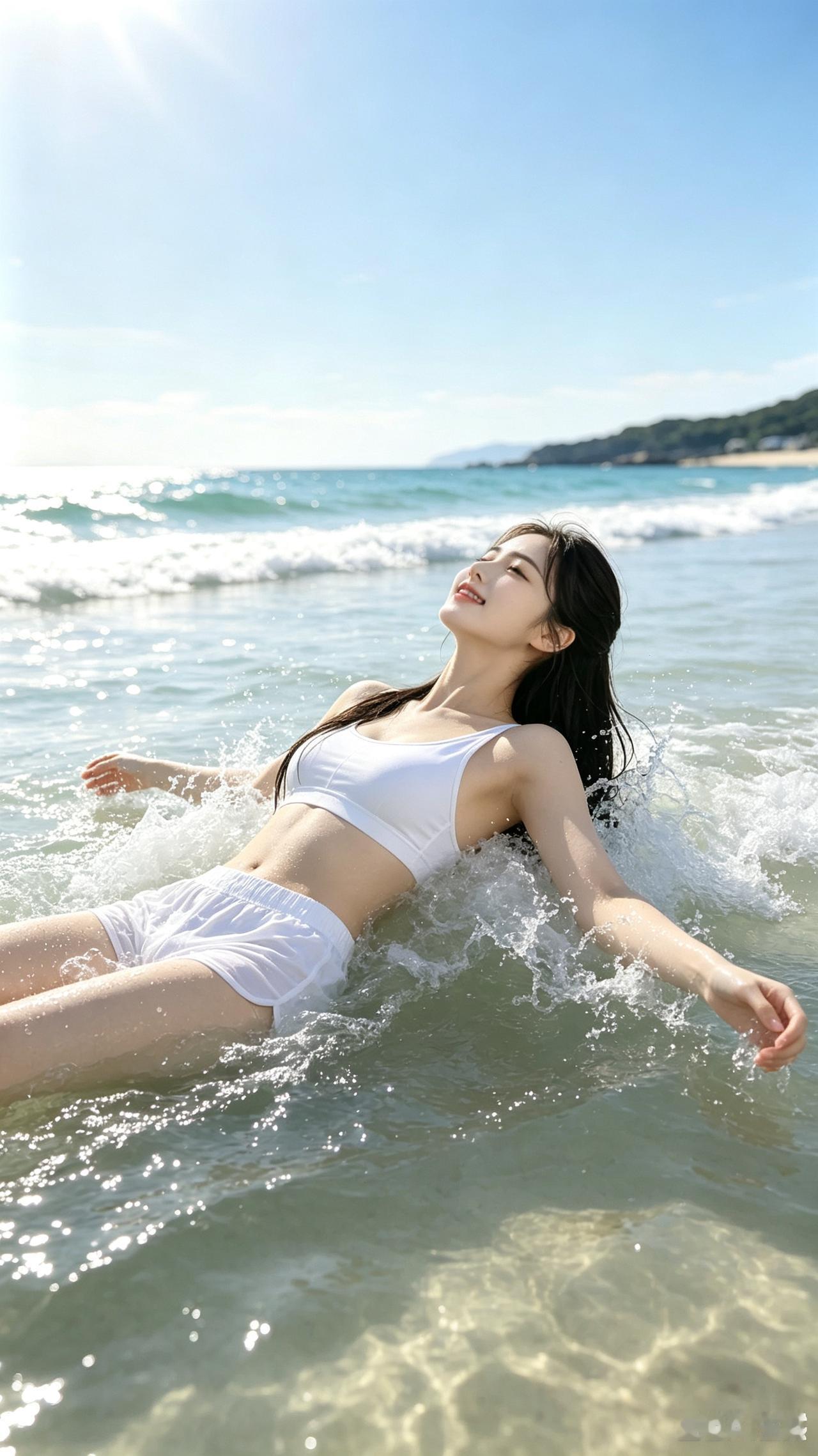 在海里享受阳光和海浪的美好时光。海边治愈风光
