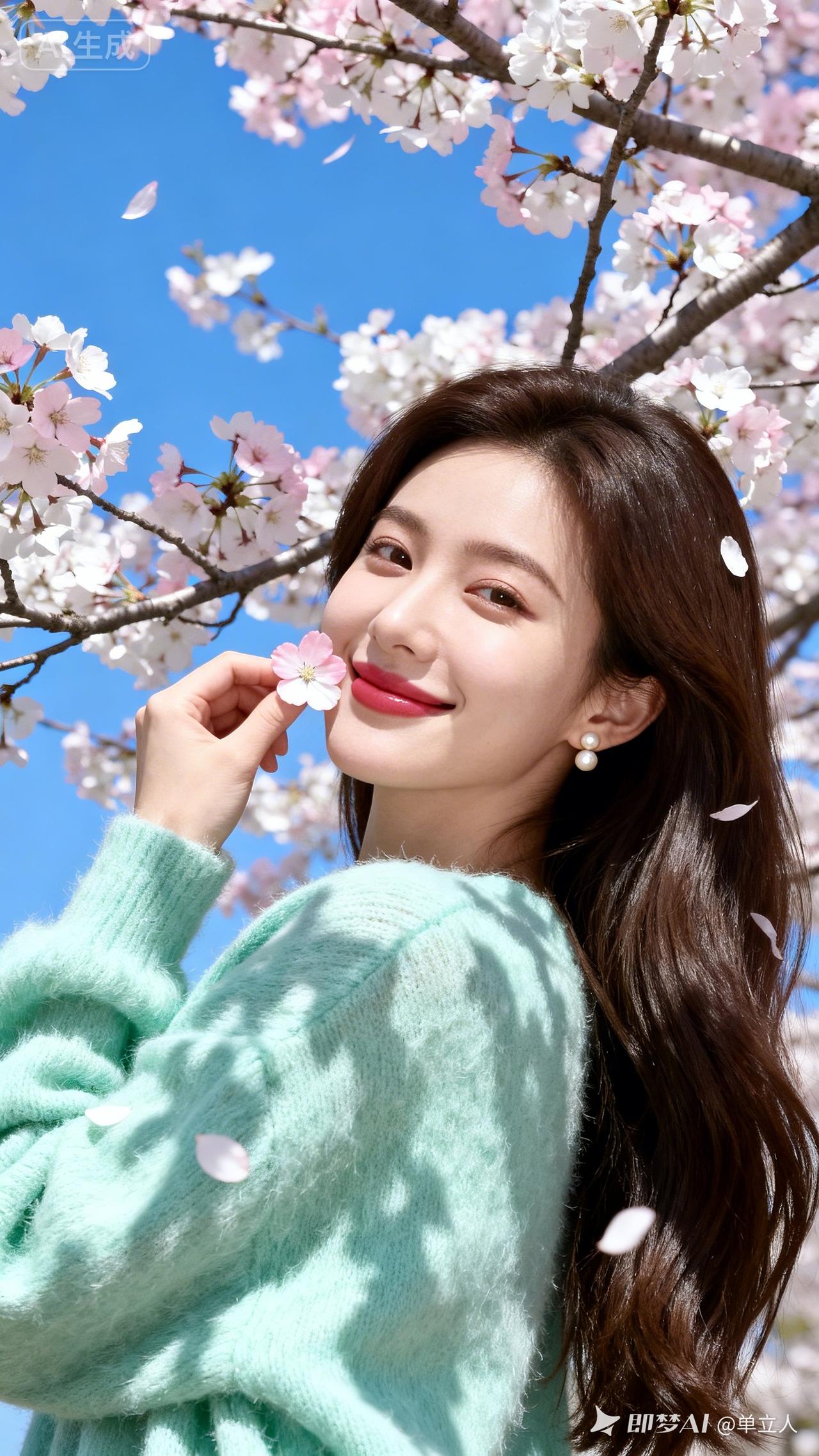 樱花树下，少女微笑，春日暖阳，美好时光。🌸🌸🌸
