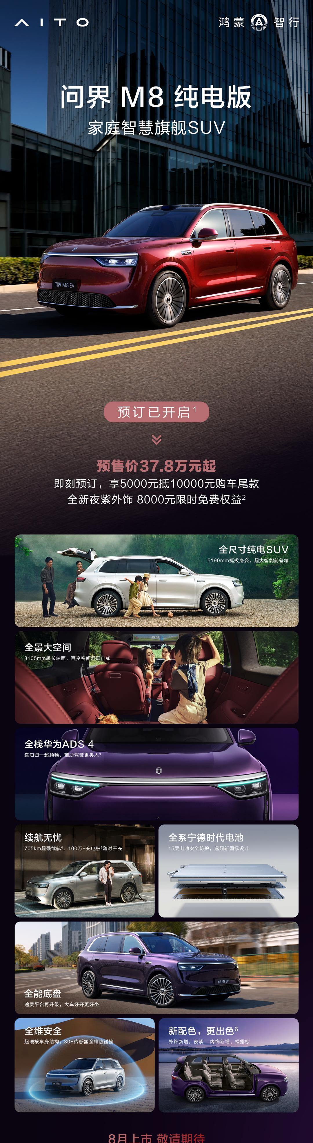 问界M8纯电版开启预售了，预售价37.8万元起。目前增程版的正式价是36.98~