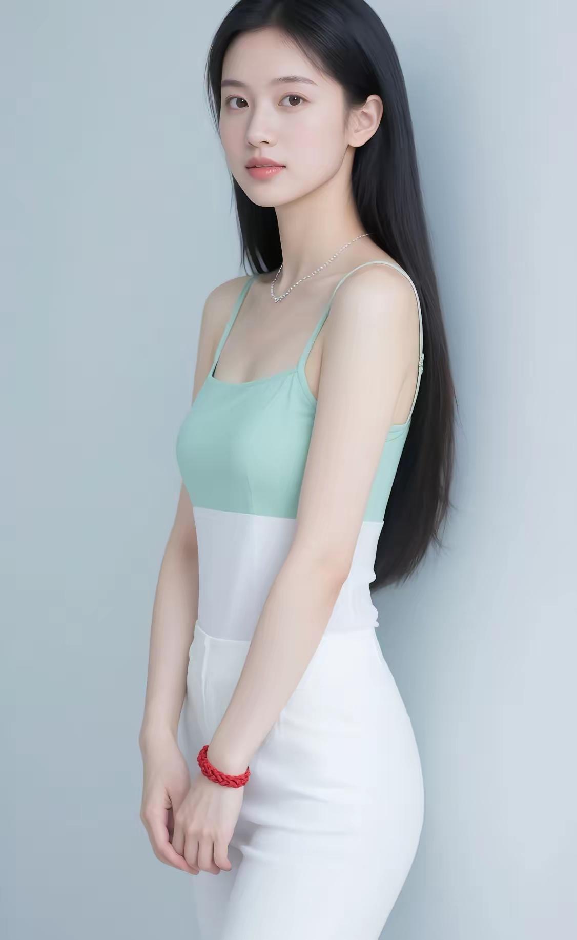 清新少女风，薄荷绿吊带衫搭配白色高腰裤，简约优雅！