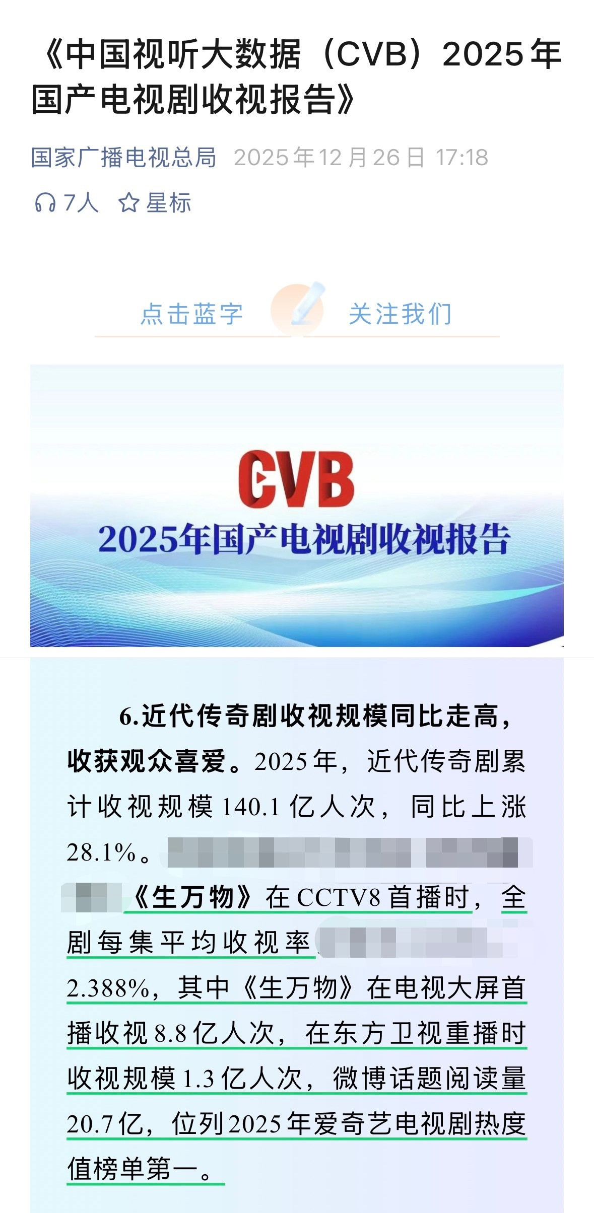 国家广播电视总局发布《中国视听大数据（CVB）2025年国产电视剧收视报告》，文