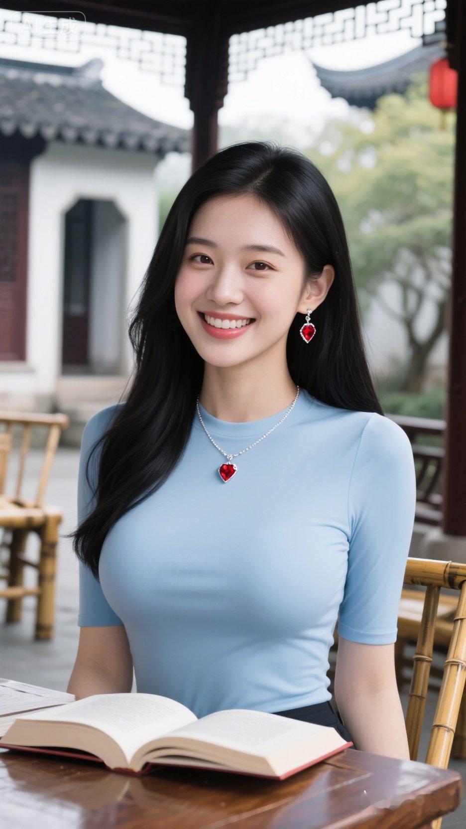 在古风庭院中，微笑女孩与书相伴，静享阅读时光。