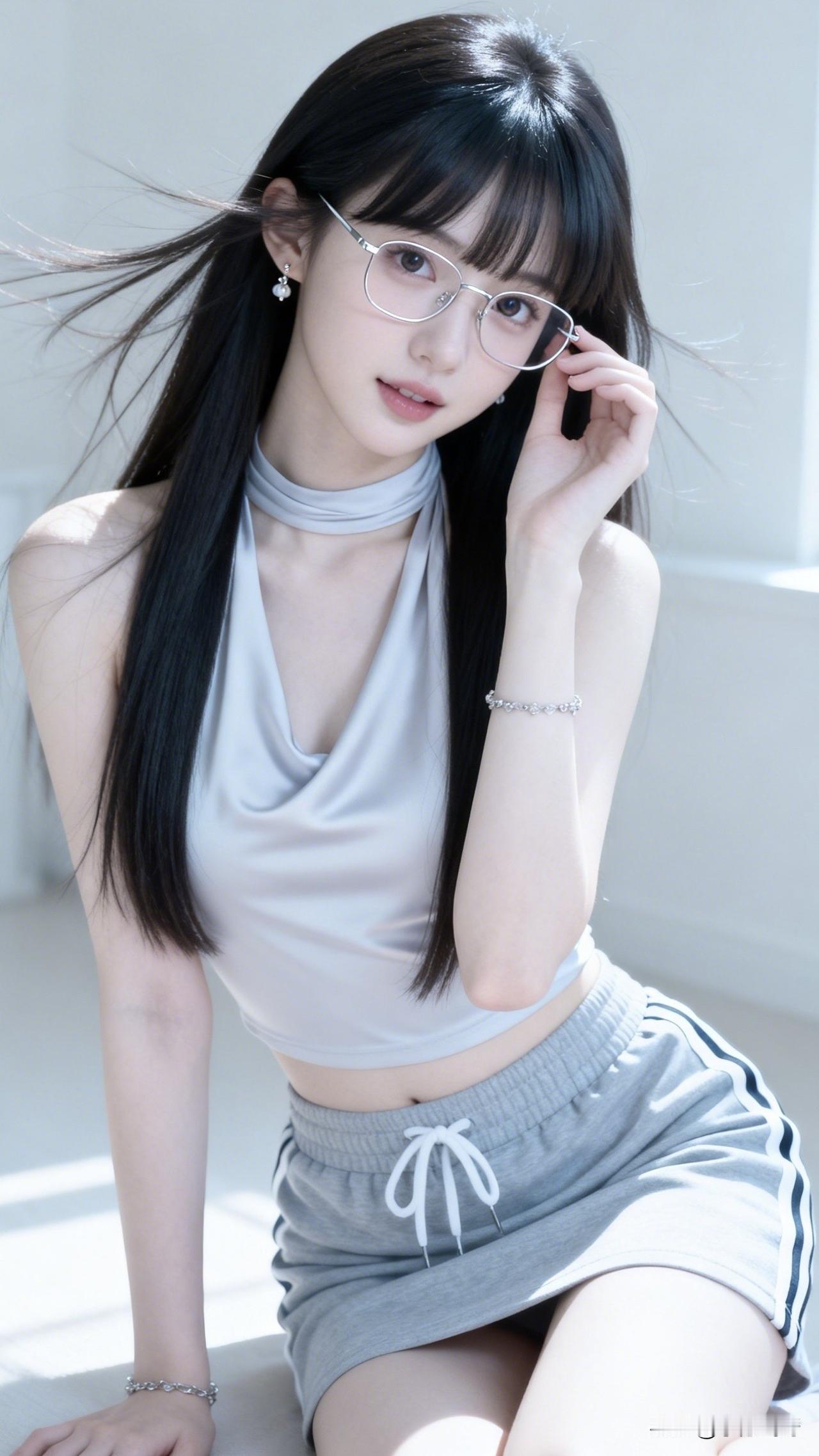 ：顺直黑长发，偏分刘海，银边细框眼镜，适合穿挂脖冰丝小衫和高腰运动短裙，显得身形