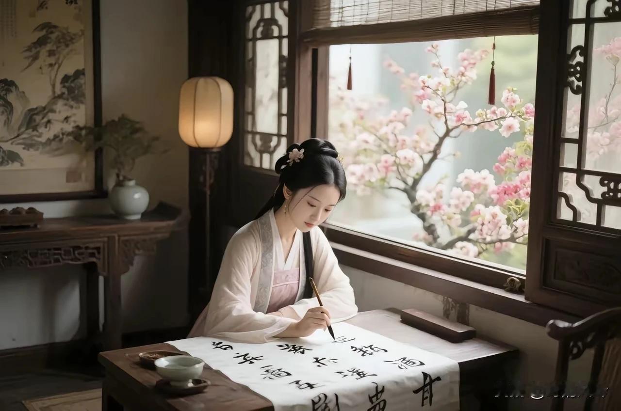 素手挥毫墨韵长，白衣轻拂满庭芳。诗成笔底生花处，力透纸背情两行。