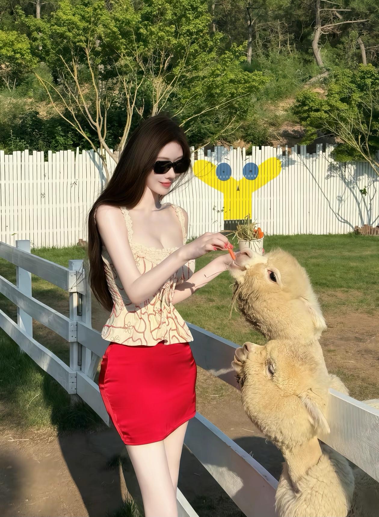 在阳光明媚的农场，与可爱的羊驼亲密互动，享受美好时光！🌞🐐💕