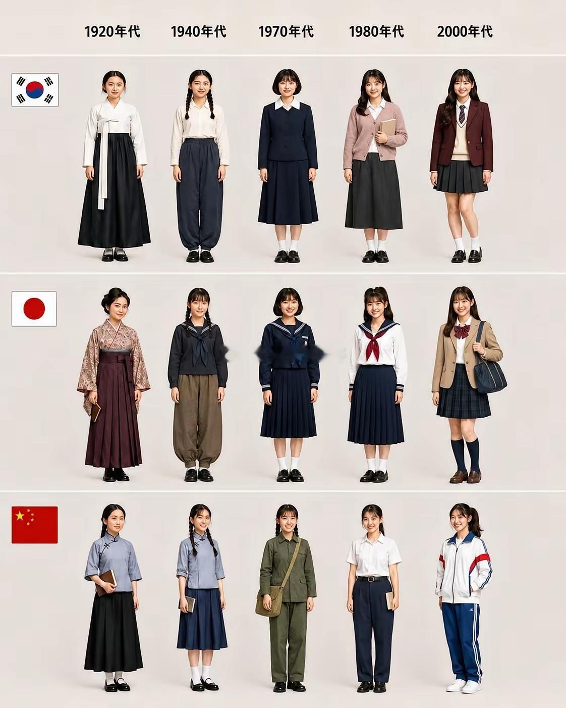 东亚三国学生装的演化过程。大家喜欢哪一款呢？