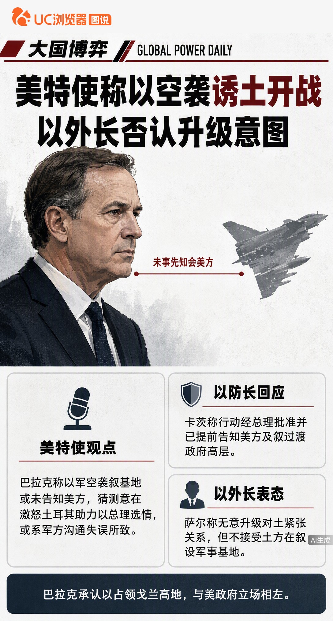 美特使巴拉克称以色列空袭叙利亚是为“诱土开战”助内塔尼亚胡胜选，且未事先知会美方。以防长和外长随即否