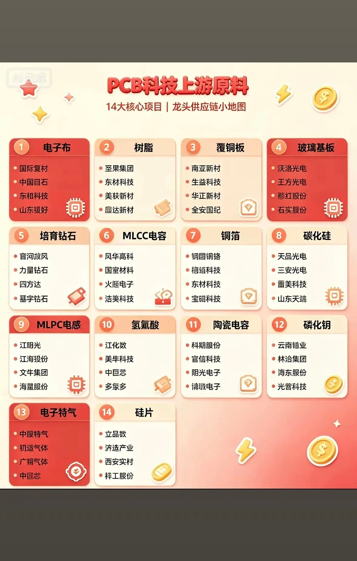 PCB科技上游原料14大核心项目盘点。PCB科技在电子领域可是相当关键，其上游原