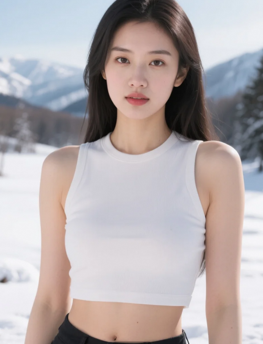 雪地里的亚洲美女，冷艳高贵的冬日女神