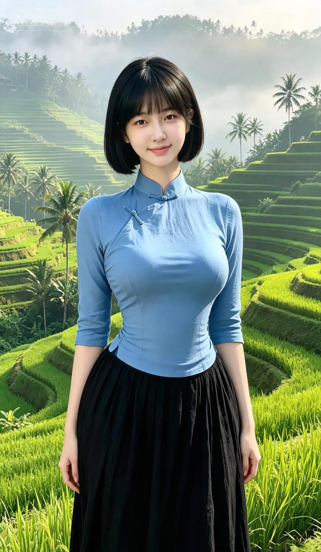 晨雾轻绕梯田，绿浪一层层铺向山边。你站在风里，浅蓝上衣映着天光，