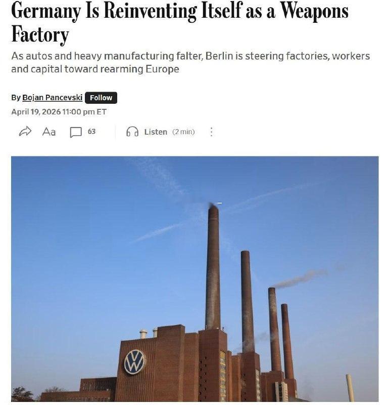 《华尔街日报》报道，德国正转型为武器工厂在经济衰退的背景下，德国正将其汽车工业转