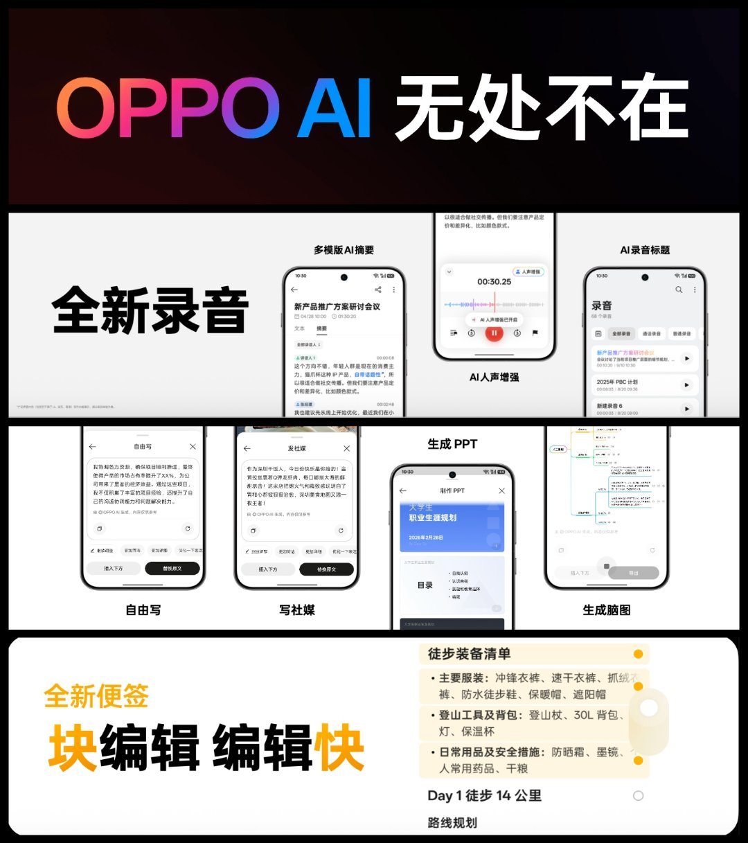 OPPOAI，无处不在。全新的ColorOS16在强调更多地方的AI加持，很