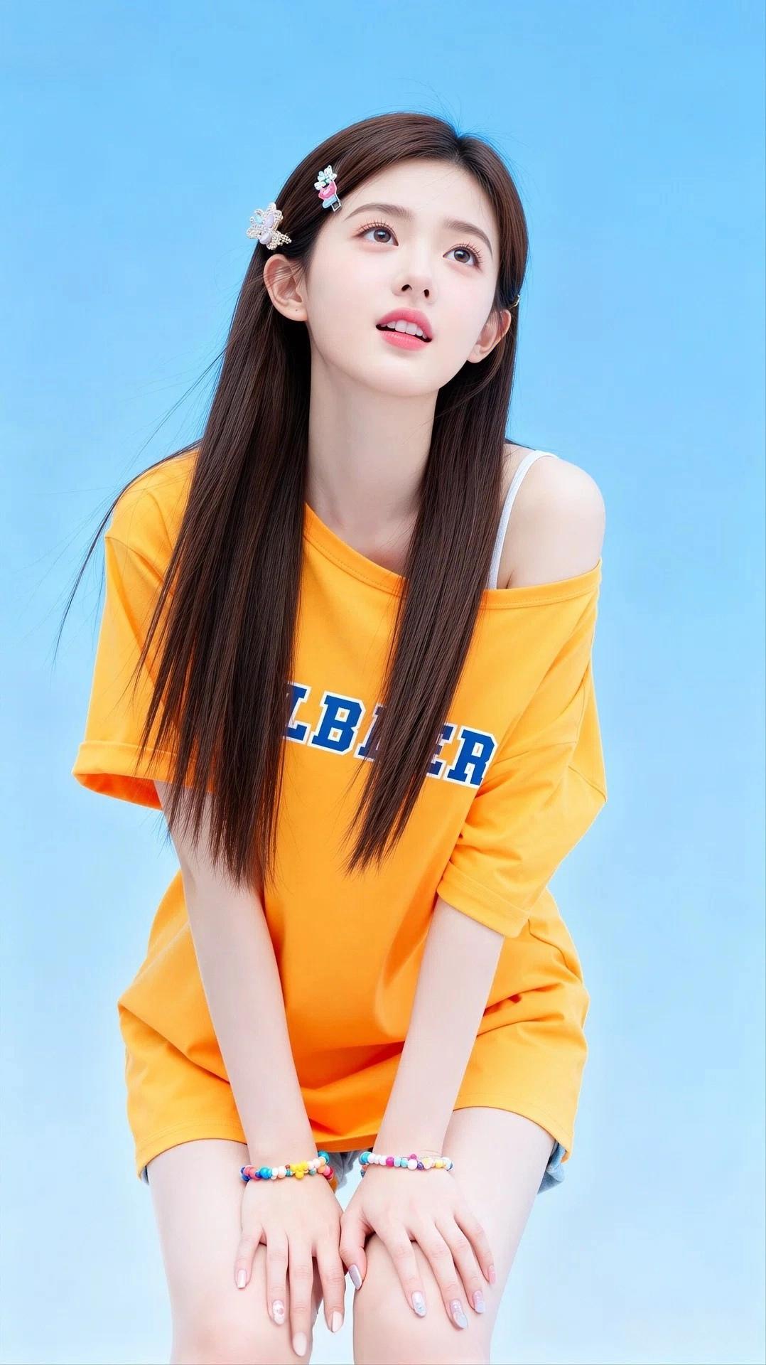 穿橙色T恤的女孩，活力满满，青春洋溢着整个屏幕。她像夏日里的一抹暖阳，可爱又迷人